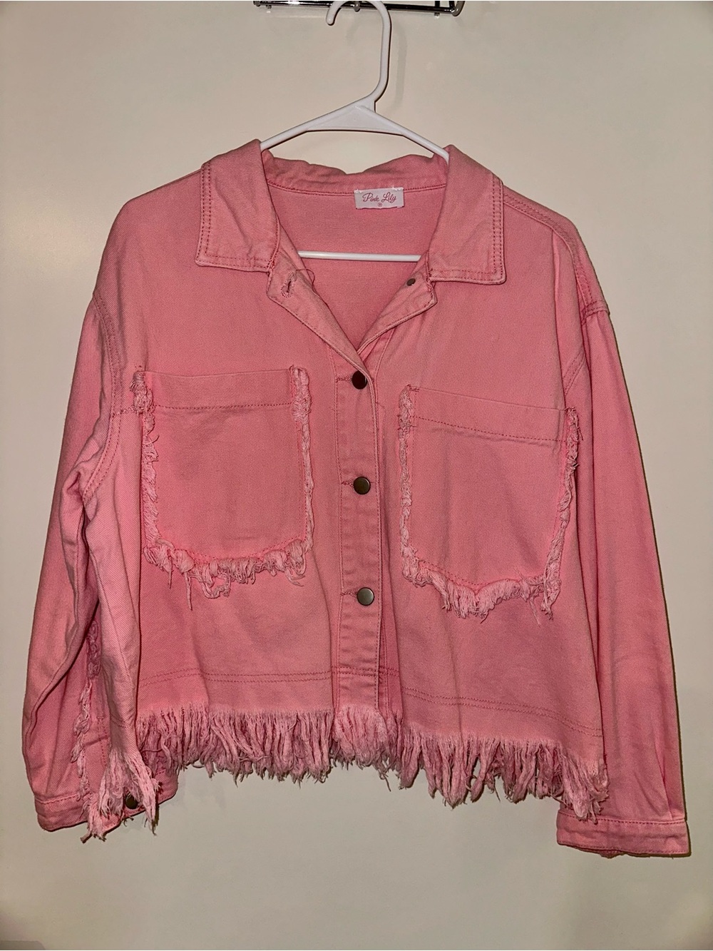 Pink Frayed-Hem Denim Jacket